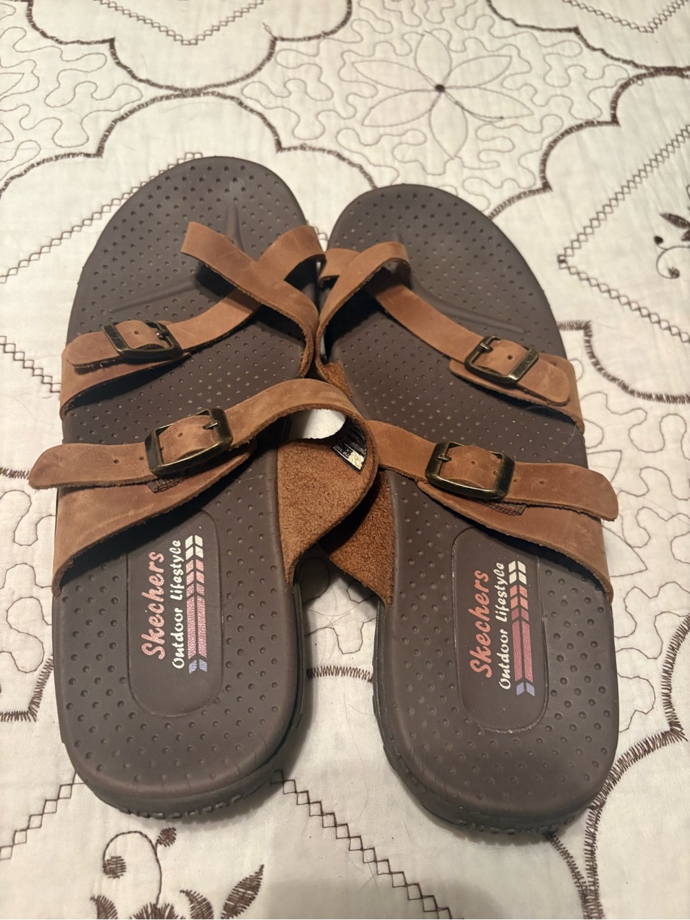 Skechers Women’s Brown Leather Double-Strap Buckle Sandals - Picture 3 of 6